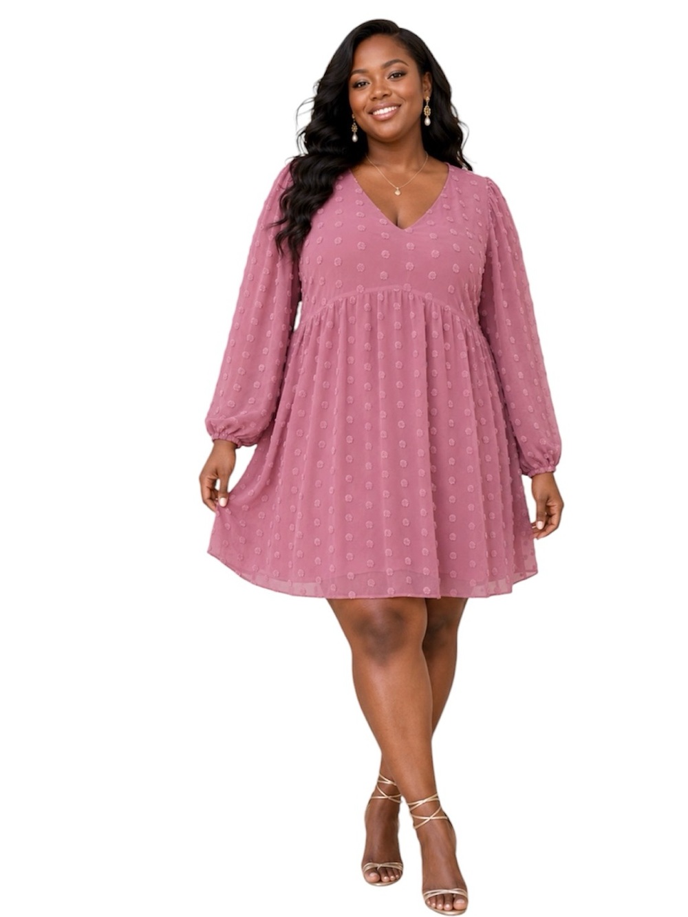 Hbeyyto V-Neck Pink Textured Swiss Dot Babydoll Fully Lined Dress Size: XL